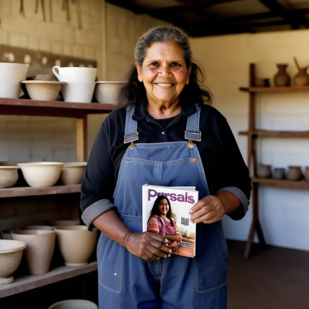 An Australian native aboriginal woman aged 48. She is holding a closed A4 magazine. She is standing in a pottery studio. She has overalls on.  She has a slight smile.