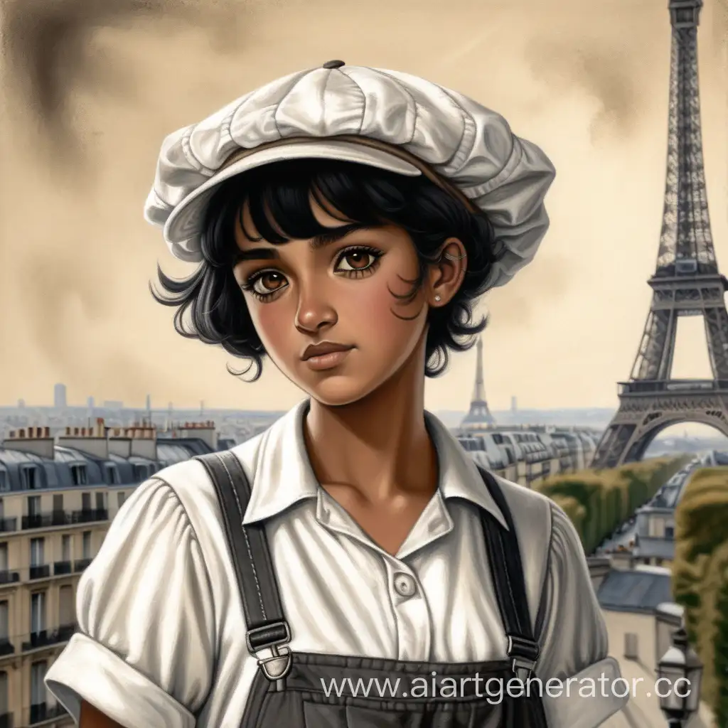 Девушка мексиканка, смуглая кожа, короткие черные волосы, карие глаза, лицо и одежда в саже, белая мятая рубашка с коротким рукавом, штаны с подтяжками, на голове старая кепка восьмиуголка , на фоне Париж 1910х года