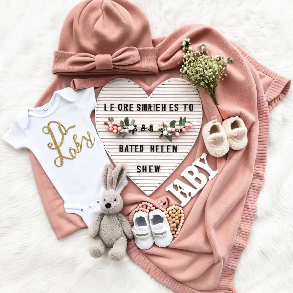 Baby onesie, beanie, pink baby Blanket, Rabbit teddy, wooden beads, Heart letter board, baby shoes, baby breath flowers, foliage