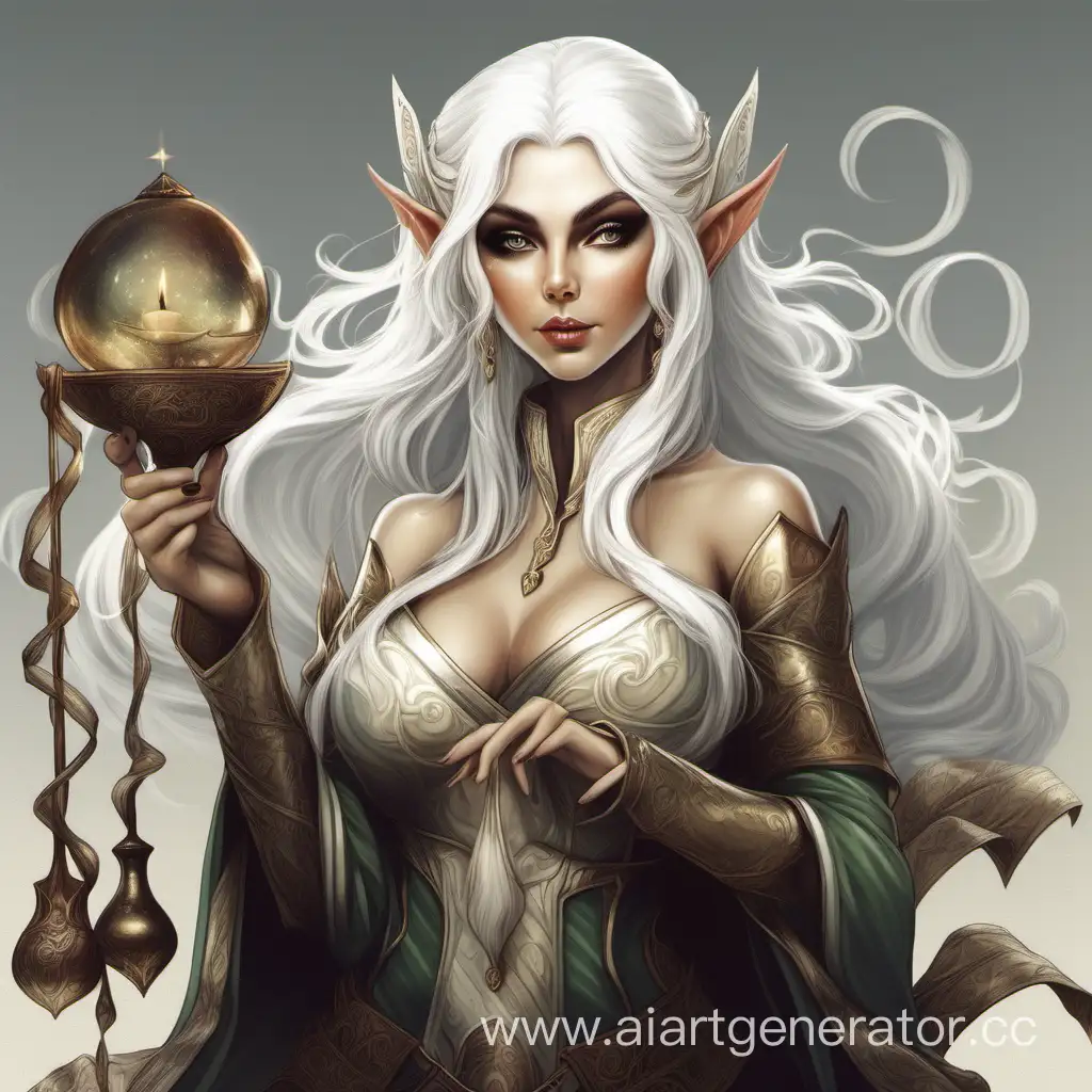 эльфийка с белыми волосами и пышными формами, в руках склянки и свитки