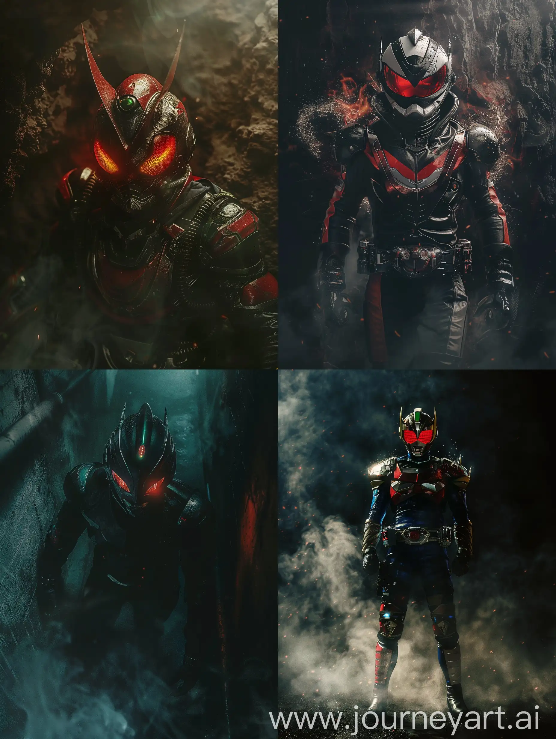 Kamen rider coming out from the darkness, Photo-realistic, --v 6