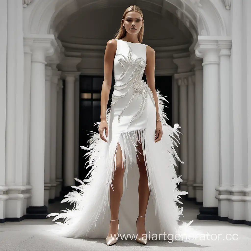 Современное стильное белое платье, расшитое перьями и жемчугом, с длинной многослойной юбкой с вырезом 