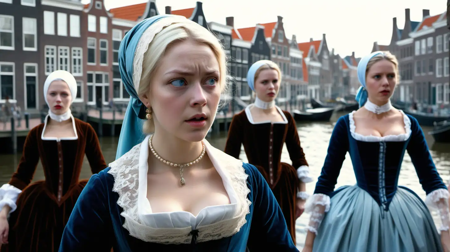 A wealthy young woman, she is wearing a fancy black velvet high necked long sleeved 1600s gown, she is wearing a white lace shawl, she has white-blonde hair and pale blue eyes, she is wearing a light blue turban, she is walking down a historic Dutch city waterfront street, she has an angry expression, behind her are two younger white-blonde women in long-sleeved orange 1600s dresses
