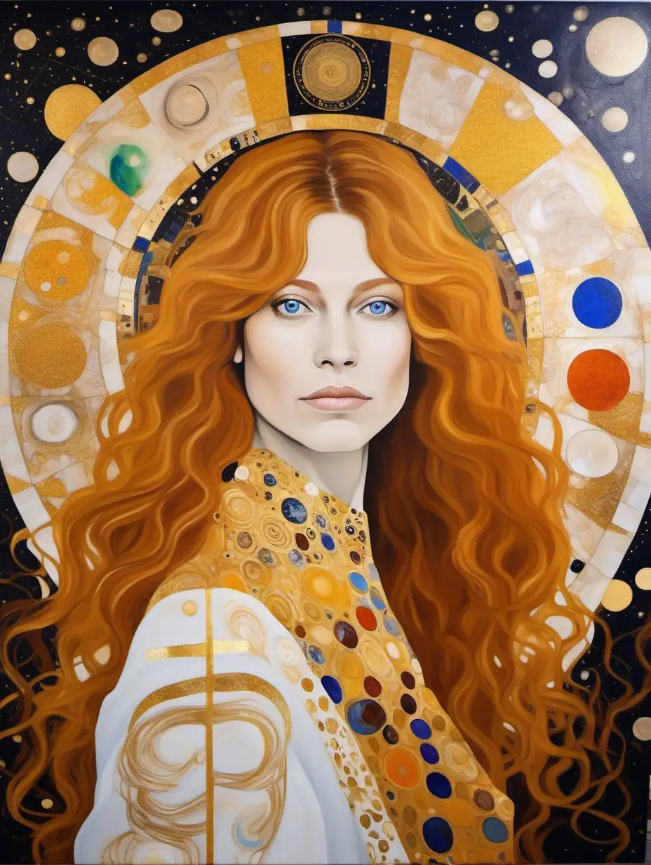 in the style of artist Gustav Klimt's Portrait of Zuzana Caputova, create a painting on canvas that combines the Gemini astrological sign with feminine attributes, hang the canvas painting on a white wall  