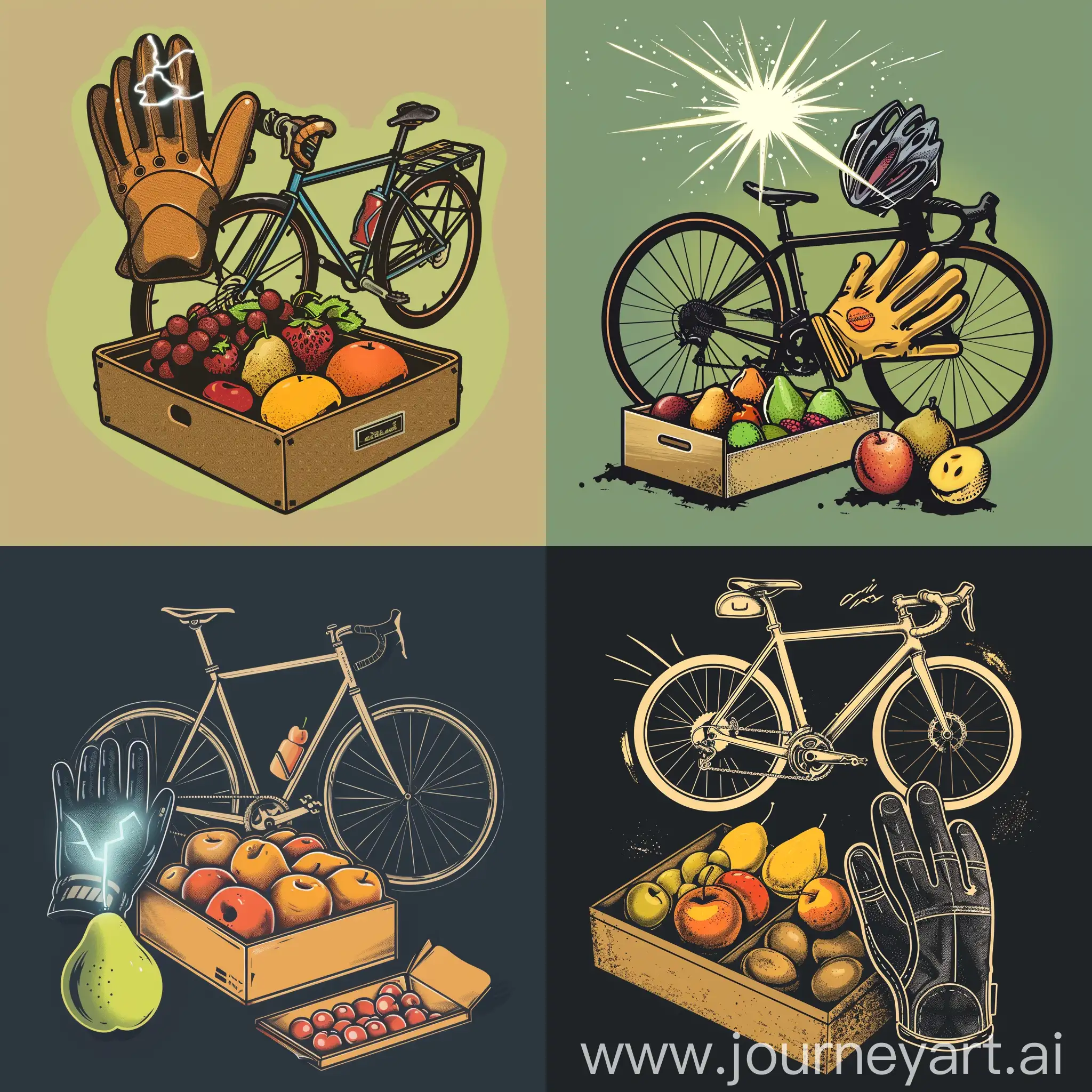 create a logo with a road bike , a glove with a electric ray and a box of fruit