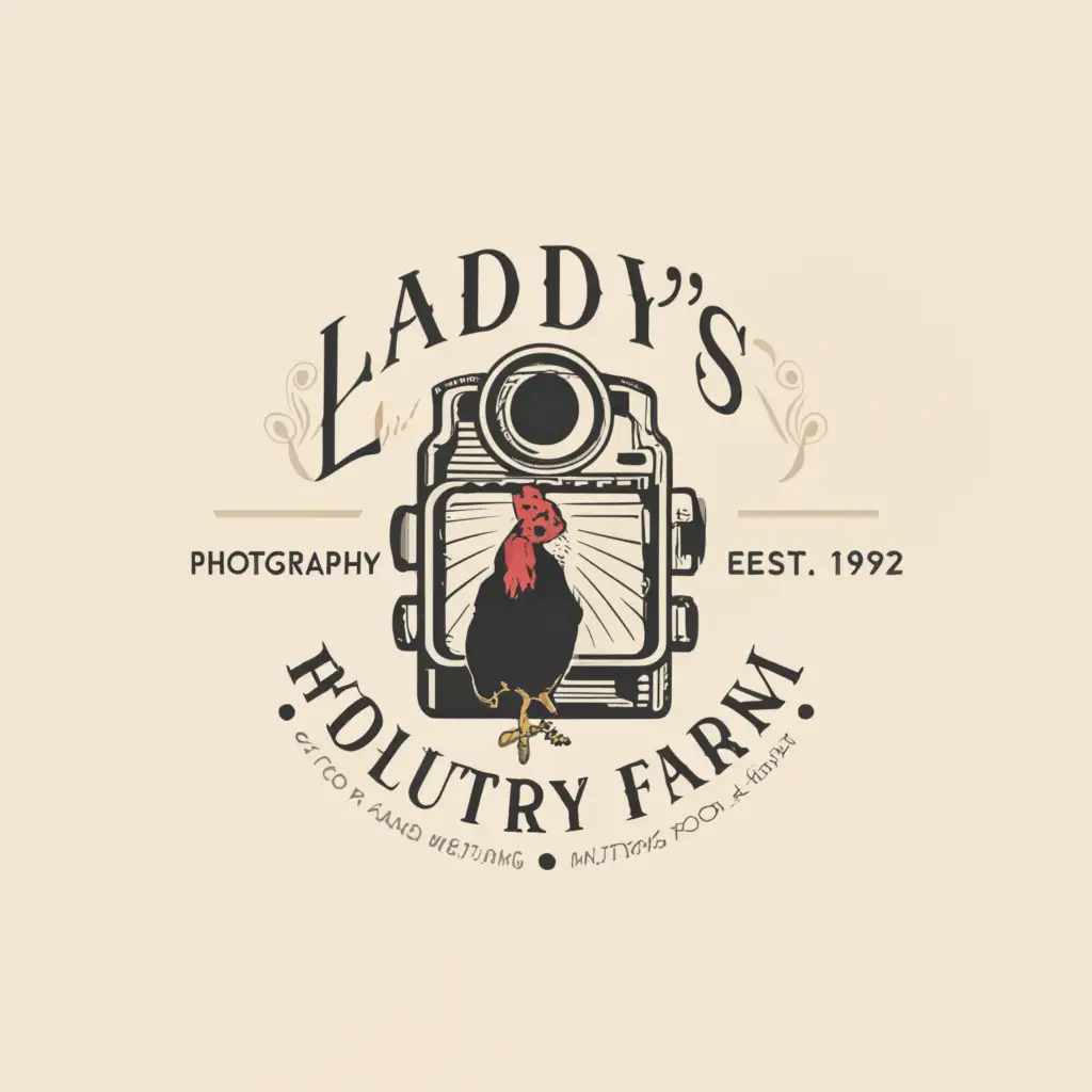 a logo design,with the text "Lady's photography and poultry farm", main symbol:a camera a hen,Moderate,clear background