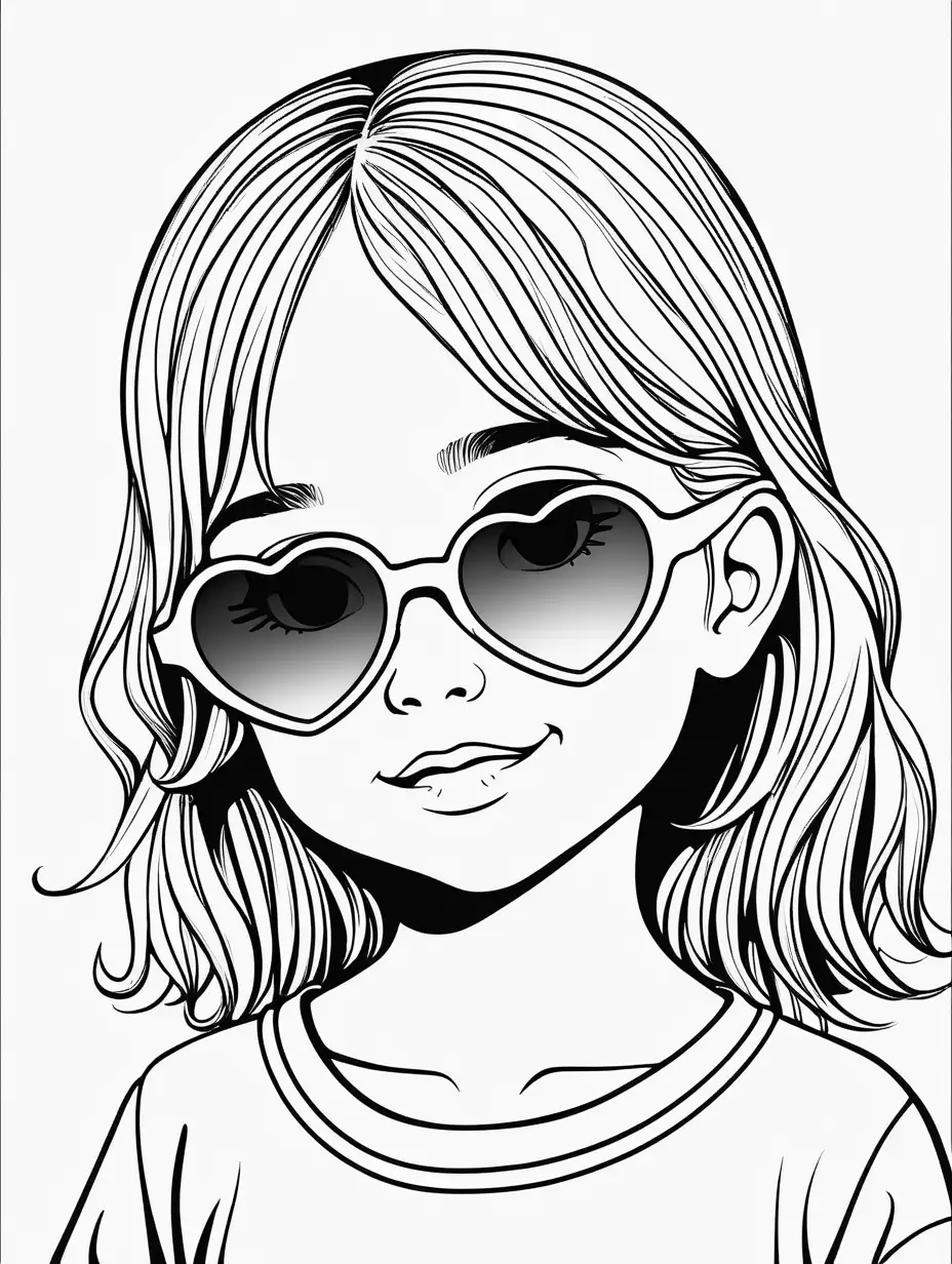 Adorable Coloring Page for Kids Cute Girl with HeartShaped Sunglasses on White Background