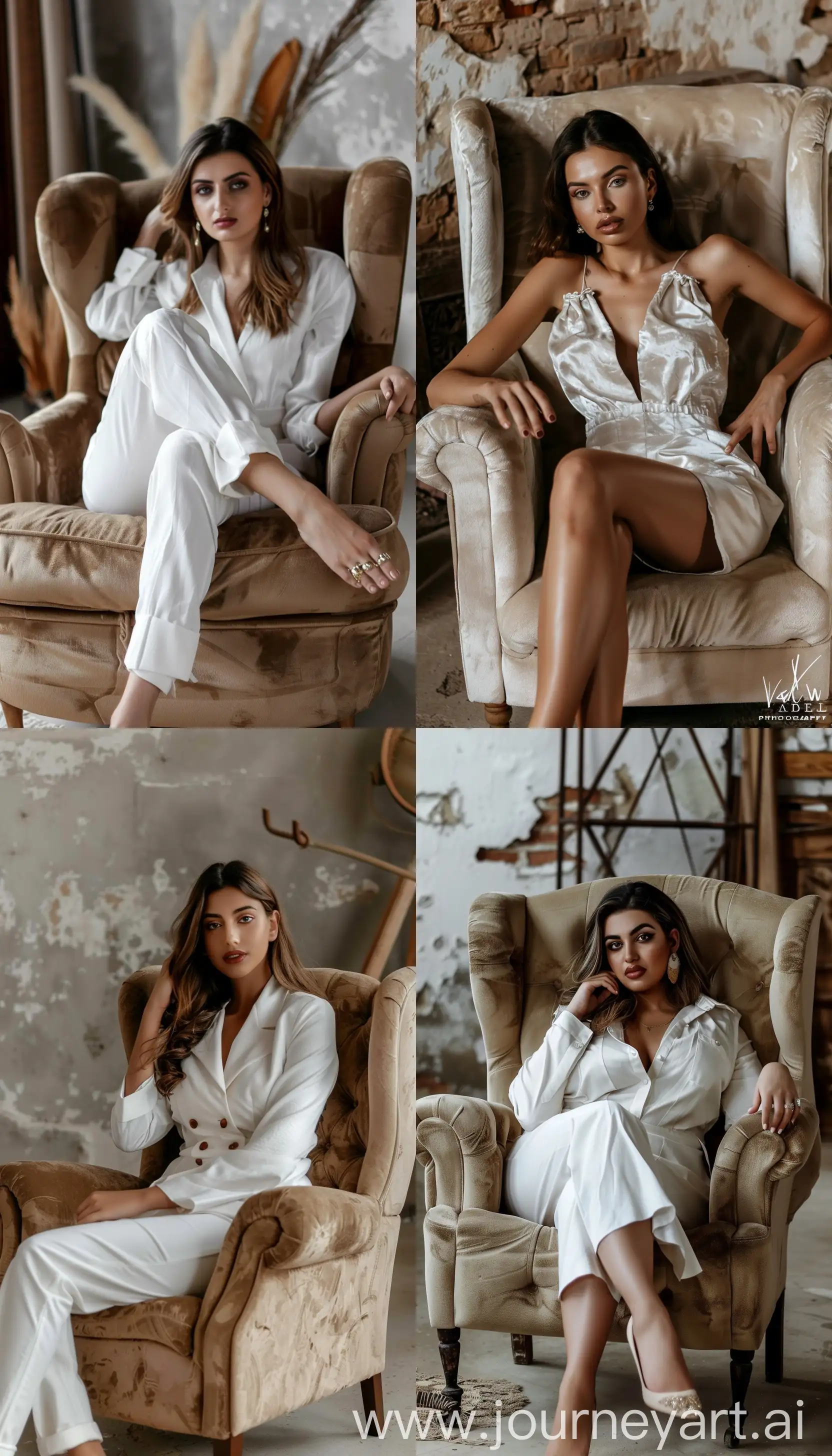 An elegant woman in white sitting in a soft-toned armchair, olive skin tone, studio photography, white background --sref https://i.pinimg.com/564x/85/c5/e9/85c5e9267f506de572d55fe4ee359ecc.jpg --style raw --ar 4:7