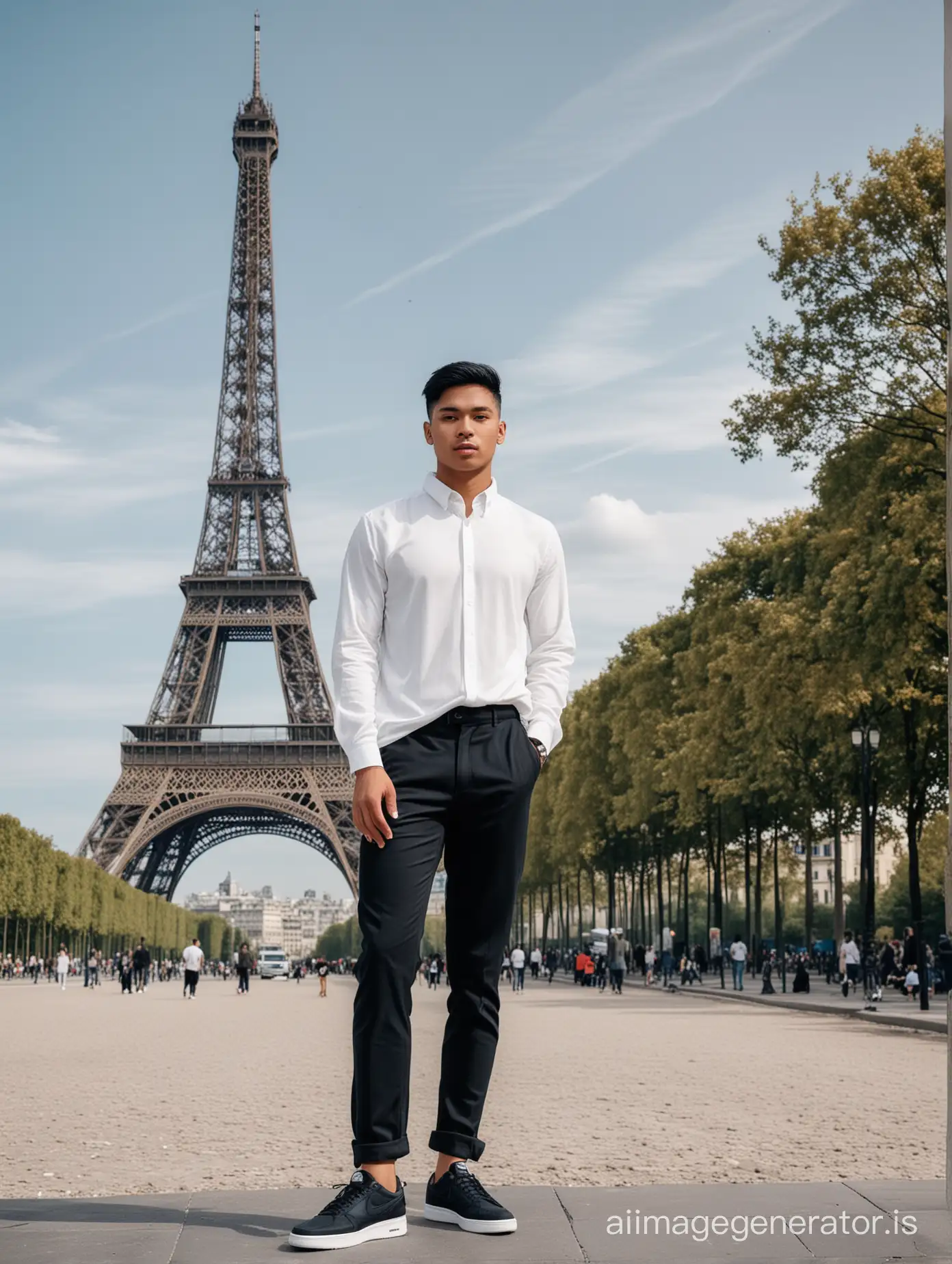 Stunning 20 year old handsome Indonesian man, black short hair standing in black pants, wearing long sleeve shirt, dark blue color with white criss cross, wearing Nike white shoes. Background is beautiful Eifel Tower in Paris.