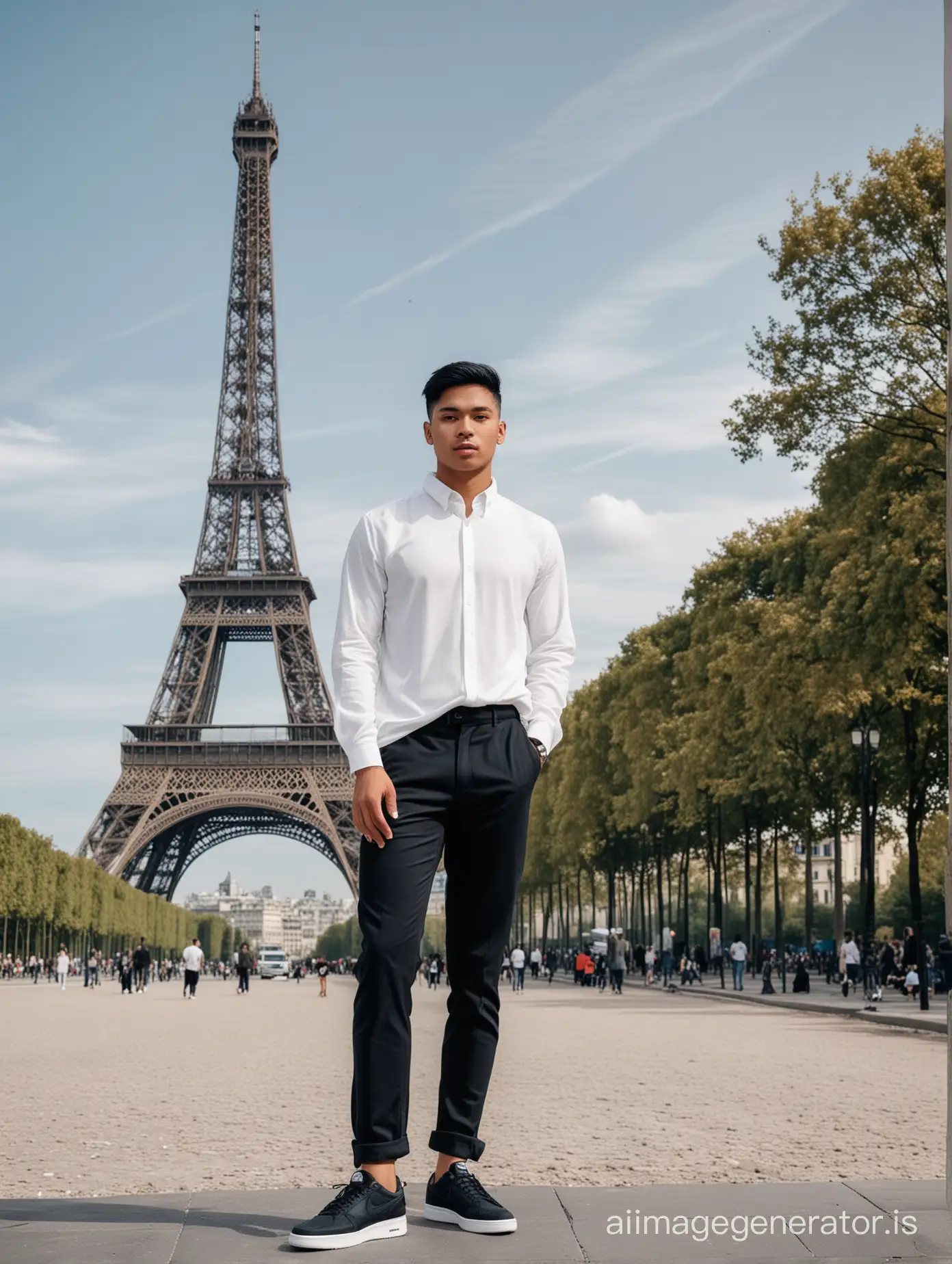 Stunning 20 year old handsome indonesian man, black short hair standing in black pants, wearing long sleeve shirt, dark blue colour with white criss cross, wearing nike white shoes. Background is beautiful eifel tower in paris.