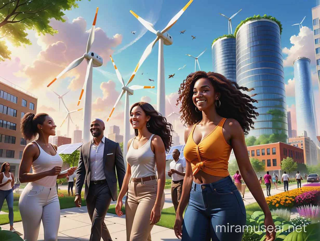 A photorealistic image of a diverse group of black americans  from all walks of life working together in a vibrant, sustainable cityscape. Lush greenery and clean energy sources like wind turbines and solar panels are integrated into the buildings. The people are smiling and engaged, using innovative technology to collaborate on projects. In the foreground, a large, swirling vortex of colorful energy represents the "abundant mindset" at the core of the economic model.