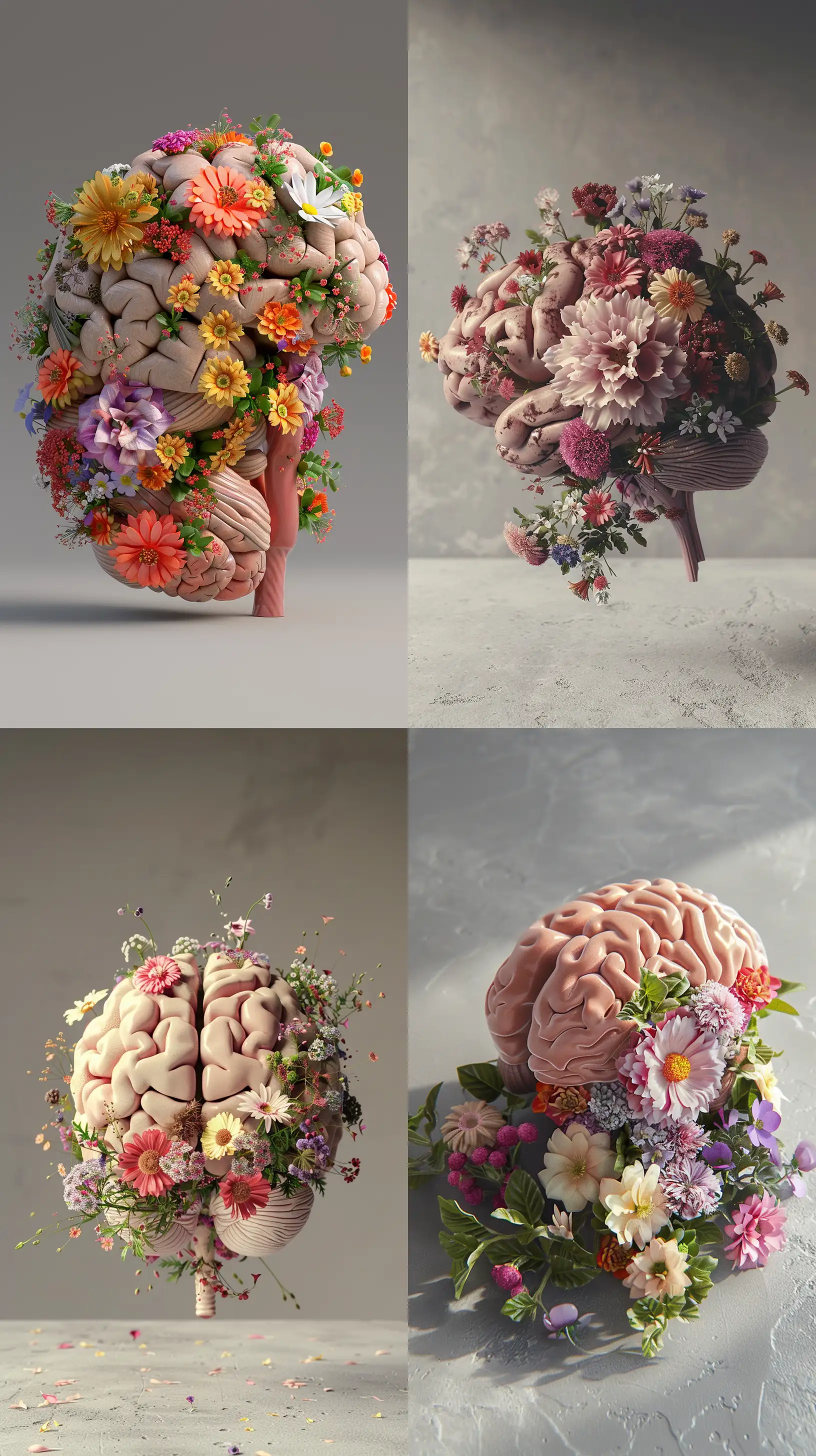 a human organ brain perfectly recreated made with different flowers, in a grey neutral space, natural light, dreamlike, hyperrealistic, hyperdetailed, 8k, octane render --ar 9:16