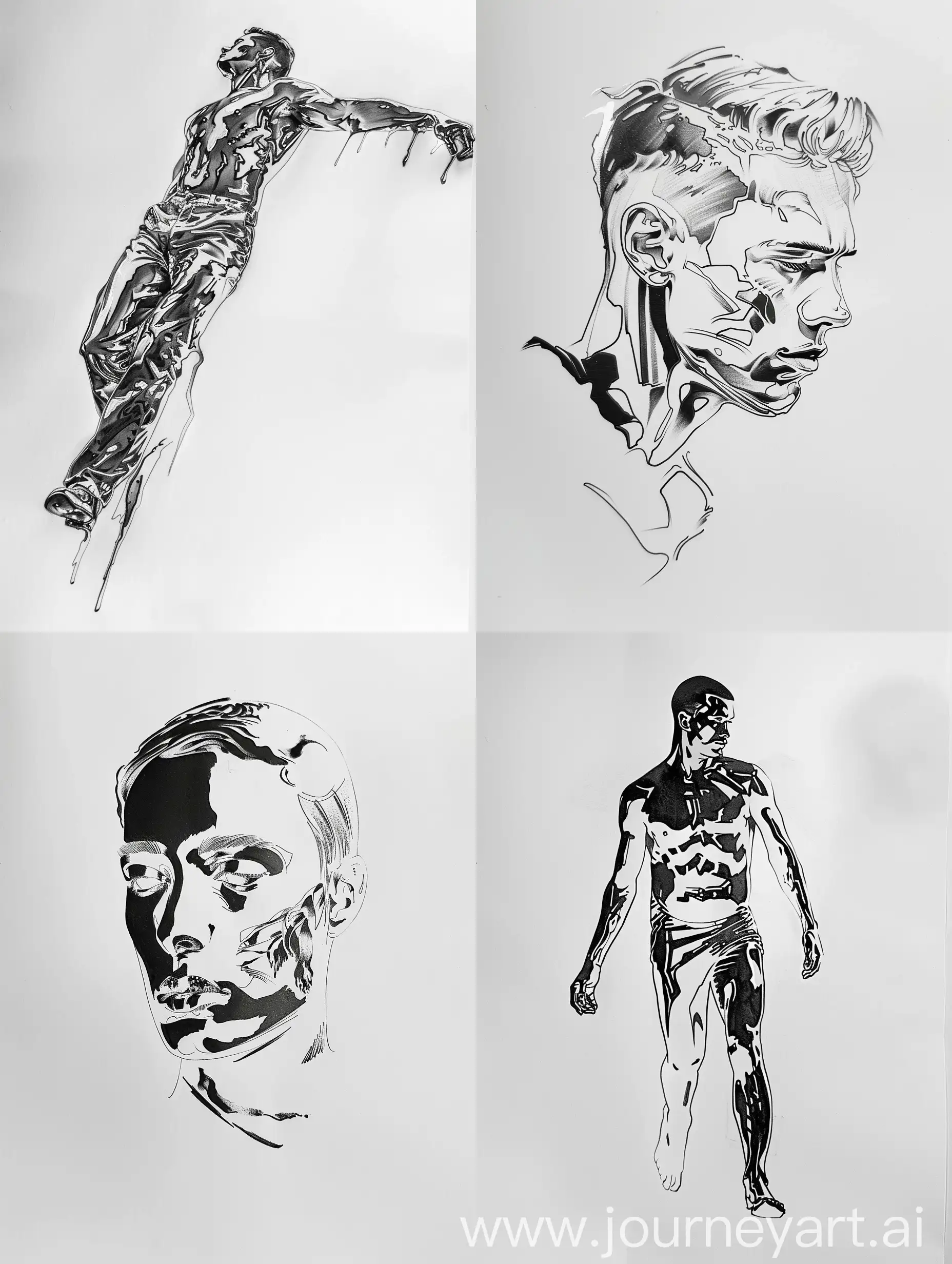 minimalist chrome tattoo design sketch of man, on a white background