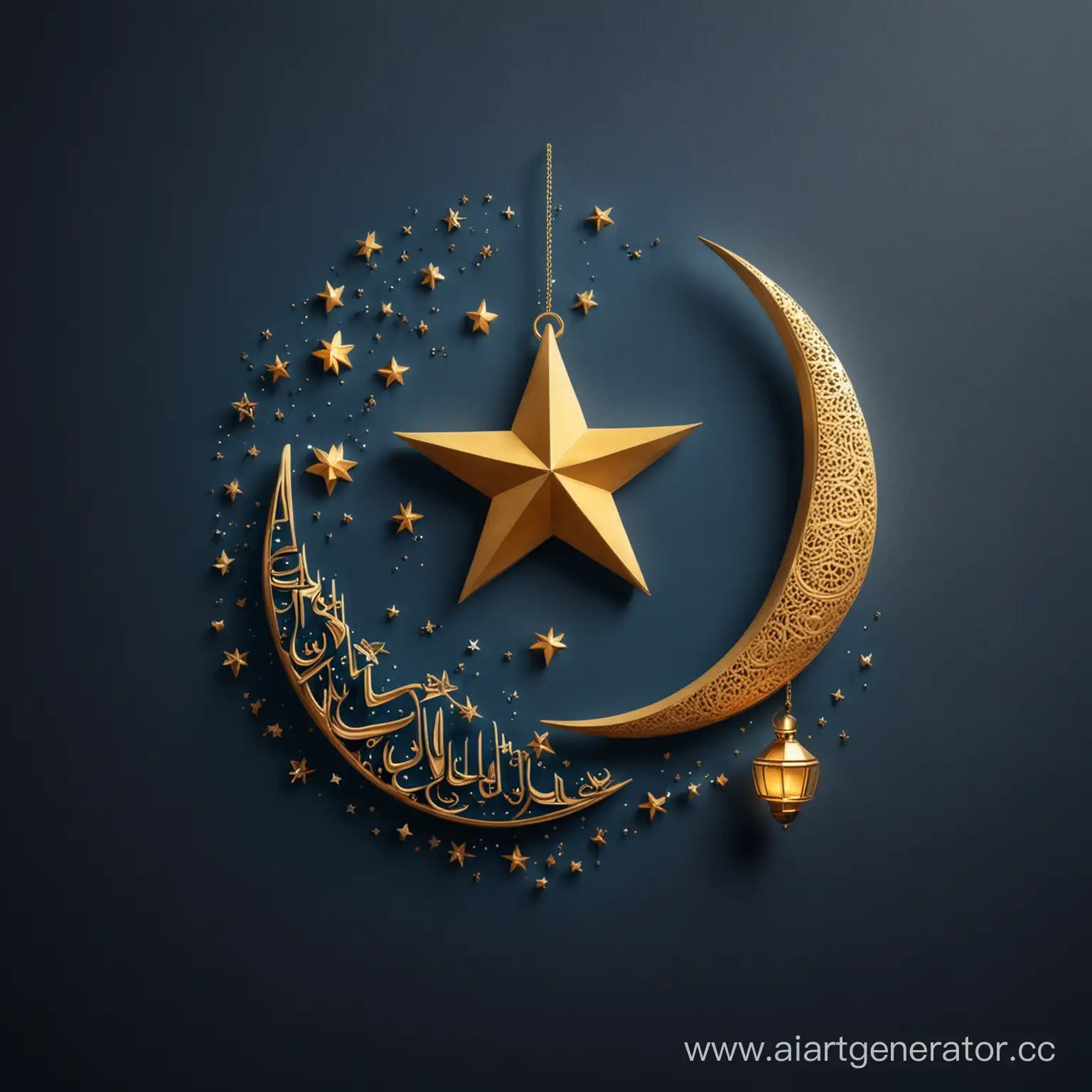 Islamic Ramadan  moon, star and lantern modern concept golden and BLUE ON DARK BLUE background