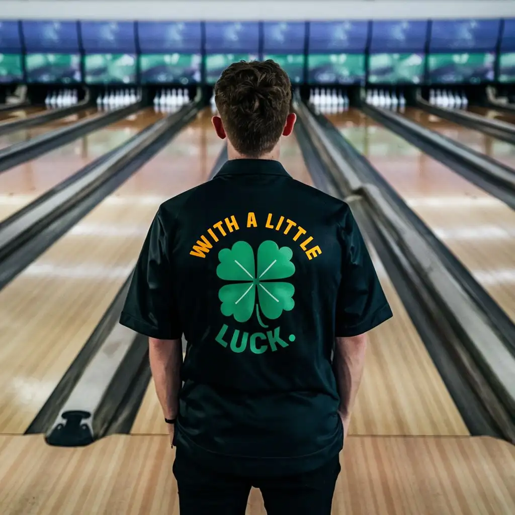 logo, Bowler with bowlingshirt with a four leaf clover on a bowlinglane, with the text "With a little luck", typography, be used in Sports Fitness industry