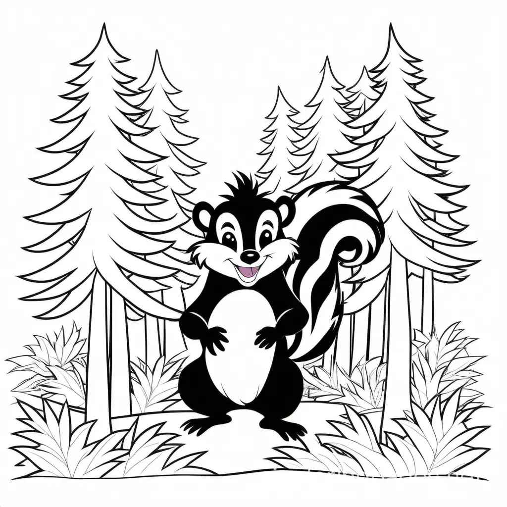 maine pine trees with laughing skunk, Coloring Page, black and white, line art, white background, Simplicity, Ample White Space. The background of the coloring page is plain white to make it easy for young children to color within the lines. The outlines of all the subjects are easy to distinguish, making it simple for kids to color without too much difficulty