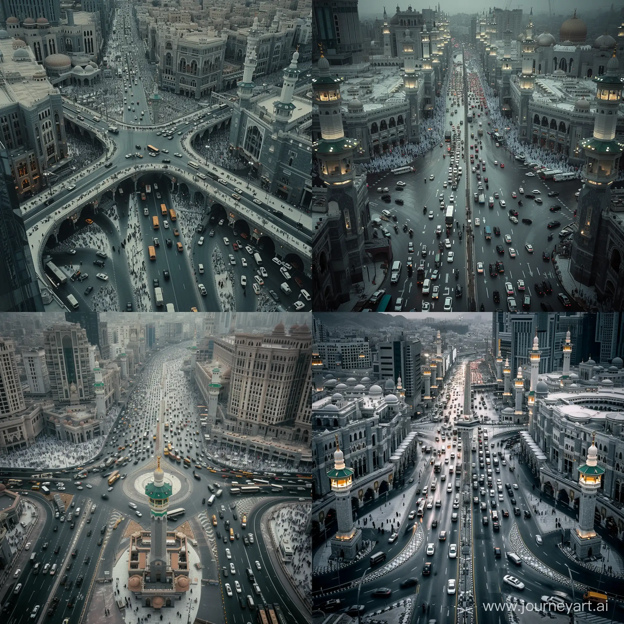 a crossroad intersection of two traffic filled streets, Full of many Great mosque of Mecca style mosques, all having Masjid al Haram exterior along the streets and Masjid al Haram facades, grey weather, high angle shot 