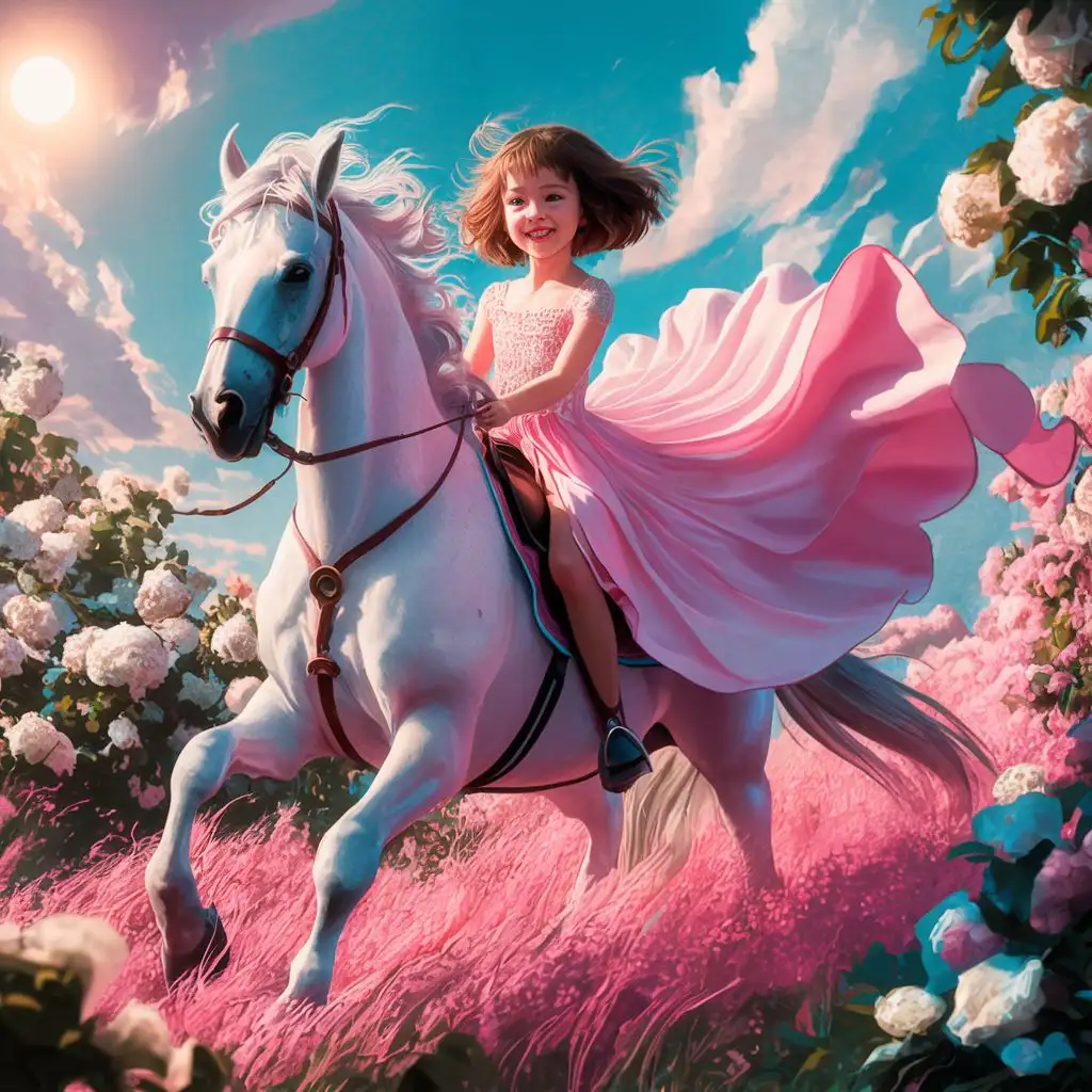 girl, age 10, short brown hair, riding a white horse, lush pink dress, flowing in the wind, nature background, blooming field pink white flowers, sky sun