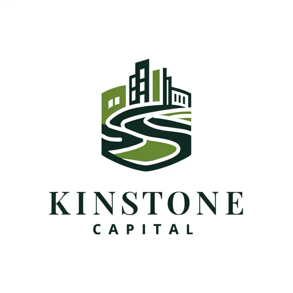 a logo design,with the text "Kinstone Capital", main symbol:River landscape, buildings, trees, black, white, sage green,complex,be used in Real Estate industry,clear background