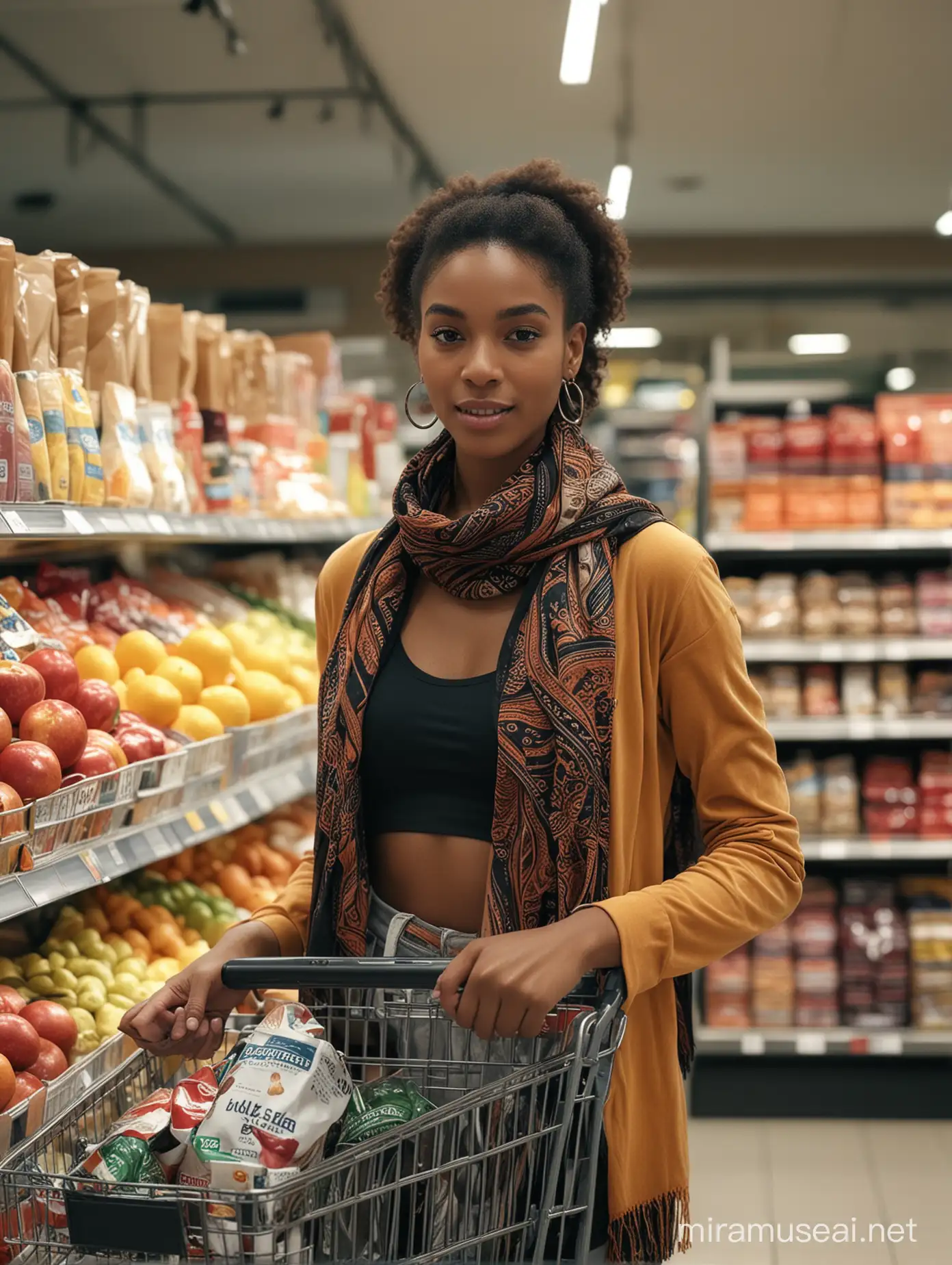 the beautiful carribean 20 yo woman wearing a sportwear and a elegant woman's scarf  a woman shopping in a supermarket with her children,in the style of light velvet and dark black, carribean influences, fashwave, candid celebrity shots, uhd image, body extensions, natural beauty --ar 69:128 --s 750 --v 5. 2
