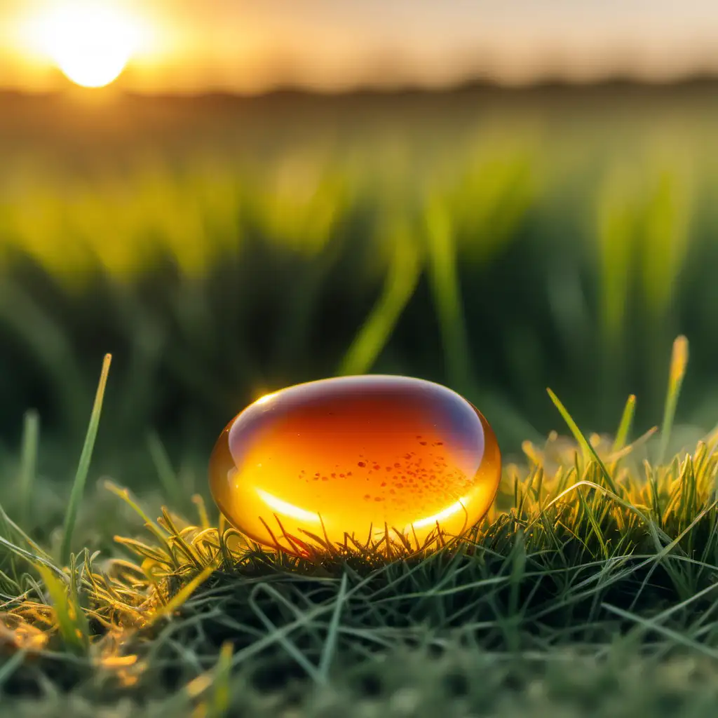 A small amber pebble with a rounded surface laying on its flat side in a grassy field with a sunrise in the background