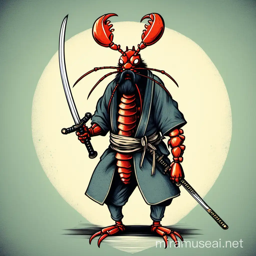 Lobster Samurai with Beard and Katana Aquatic Warrior Artwork