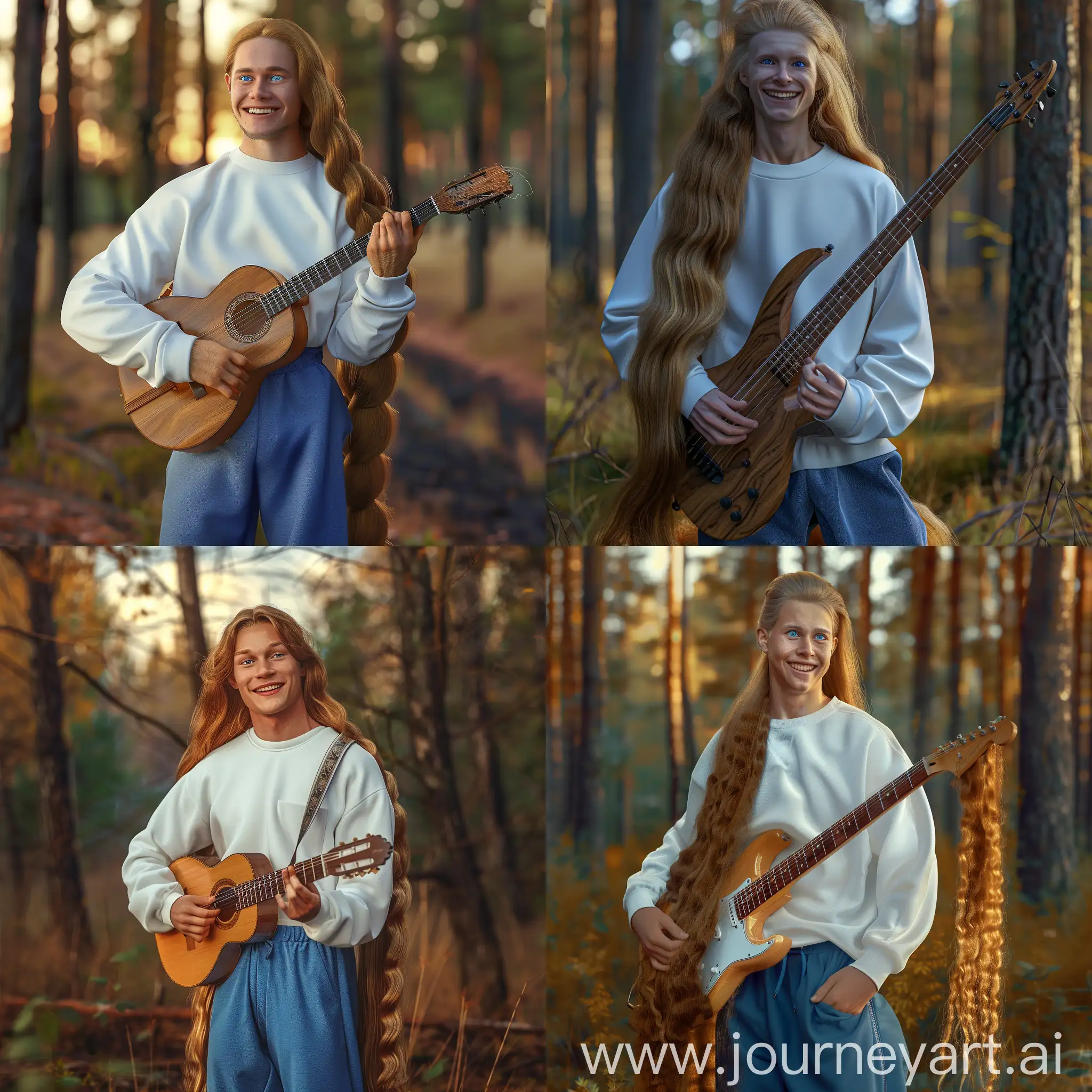 A young man with blue eyes, smile,very long light blond hair, long golden hair growing to the ground, wearing a white sweatshirts, hands in the pockets of blue trousers,  playing a guitar,Photorealistic, Full body shot, photorealistic, 8K, HDR, 3D rendering, real life, The background is a forest during the day, --quality 3