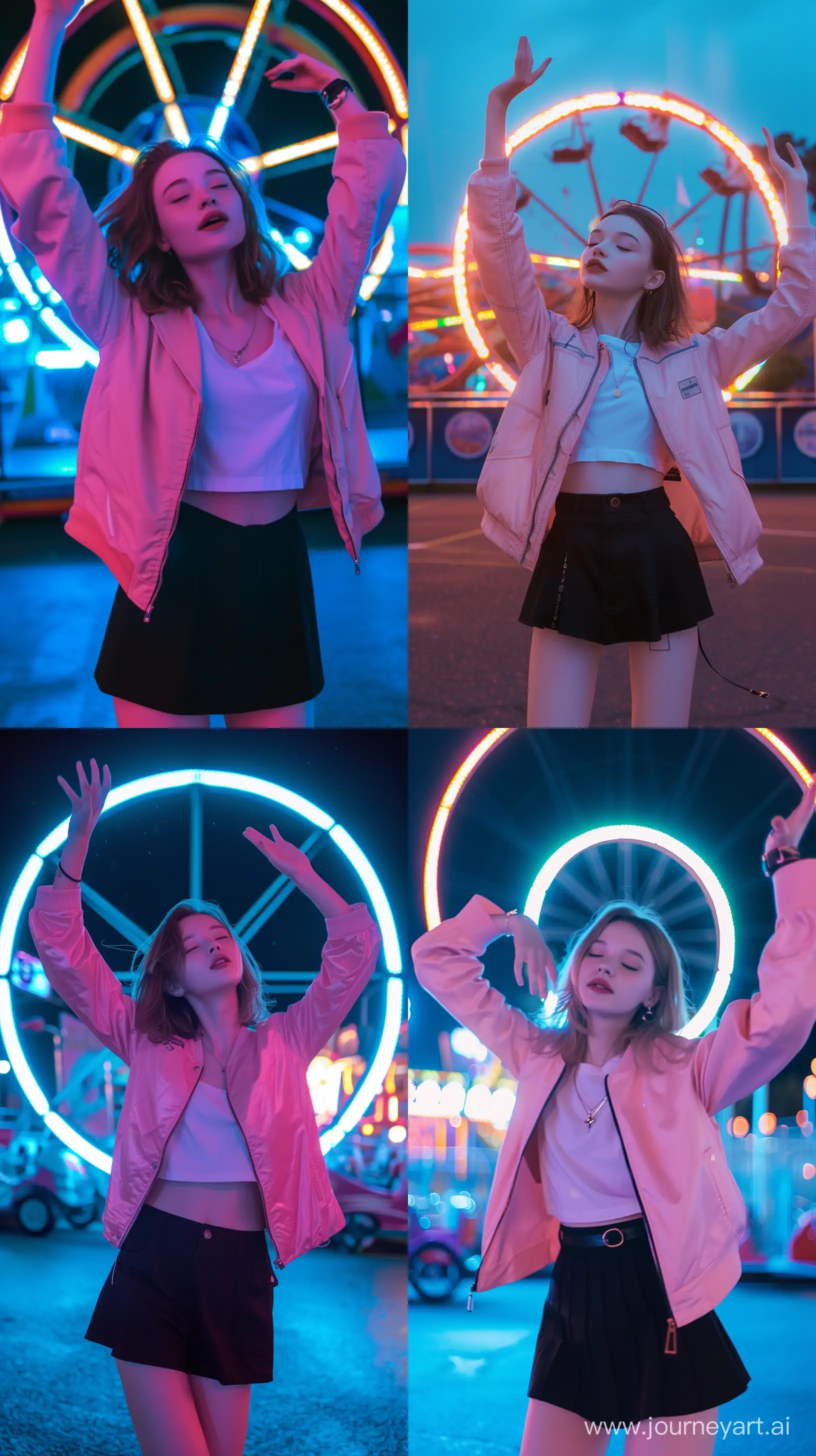 Adorable-American-Girl-Dancing-in-NeonLit-Amusement-Park