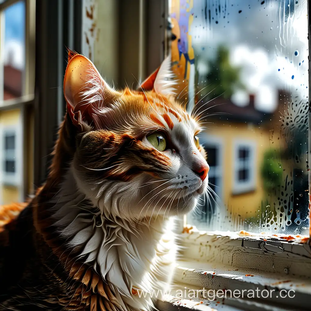 Кошка на окне, стиль фото реализм со слегка пониженной четкостью и поближе