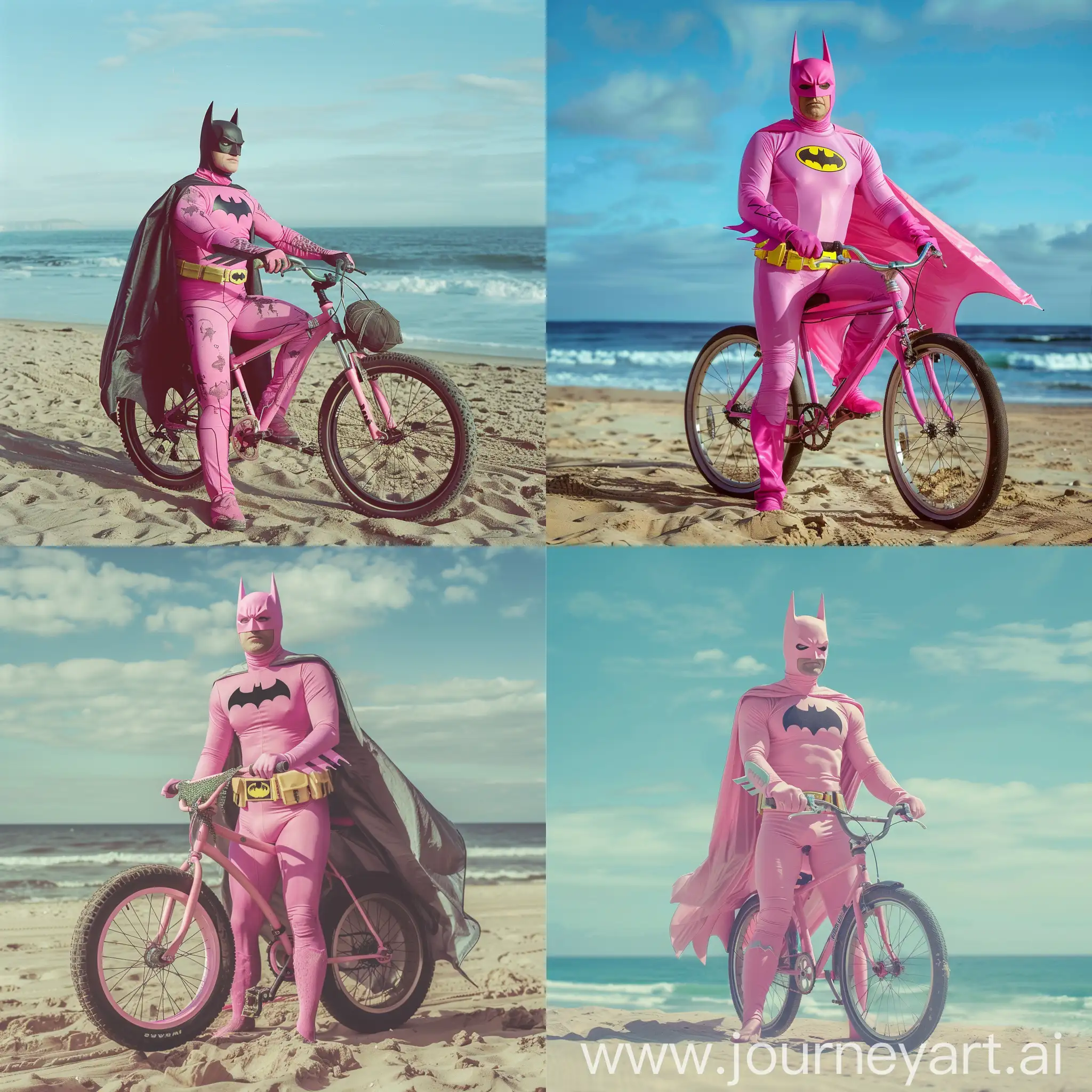 pink batman on a bike on the beach
