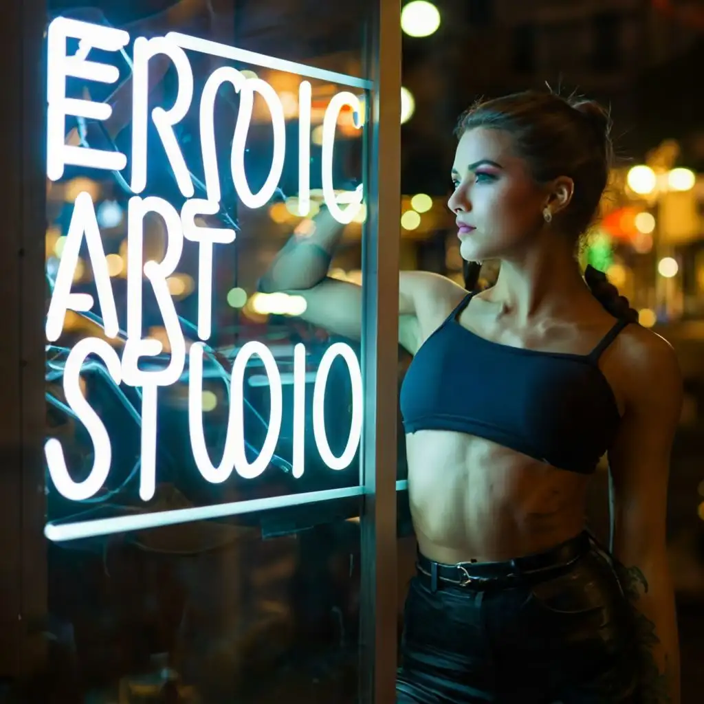 logo, Erotic model behind glass with text "Erotic Art Studio", Nighttime, street, SFW

, with the text "Erotic Art Studio", typography