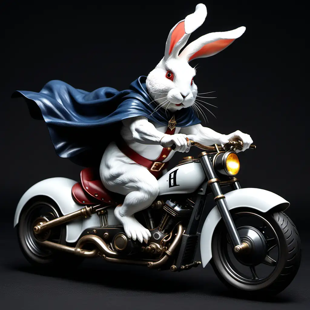 Whimsical White Rabbit in Wizard Hat Riding a Motorcycle Black Magic Cycle Adventures