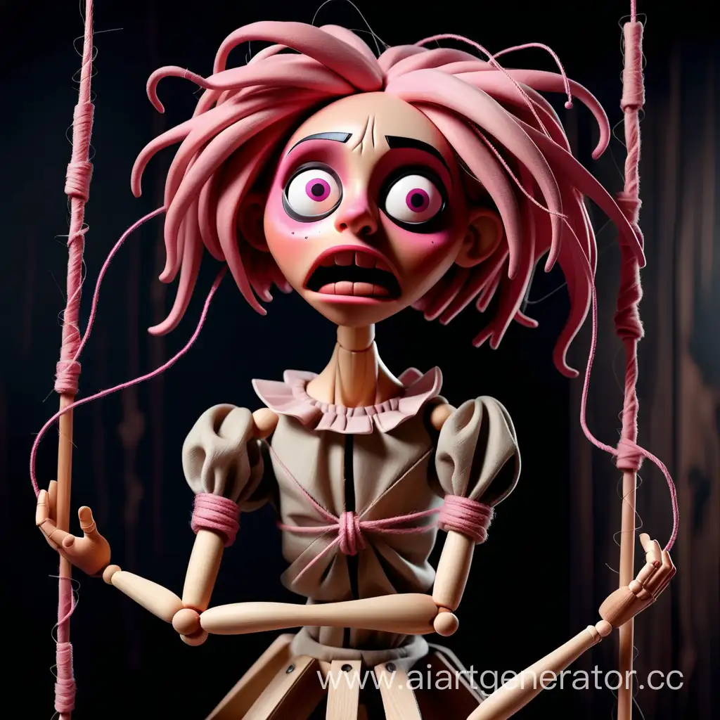 Испуганная девушка с коричневой деревянной кожей с розовыми деревянными волосами в образе марионетки с ниточками привязанными к рукам и ногам