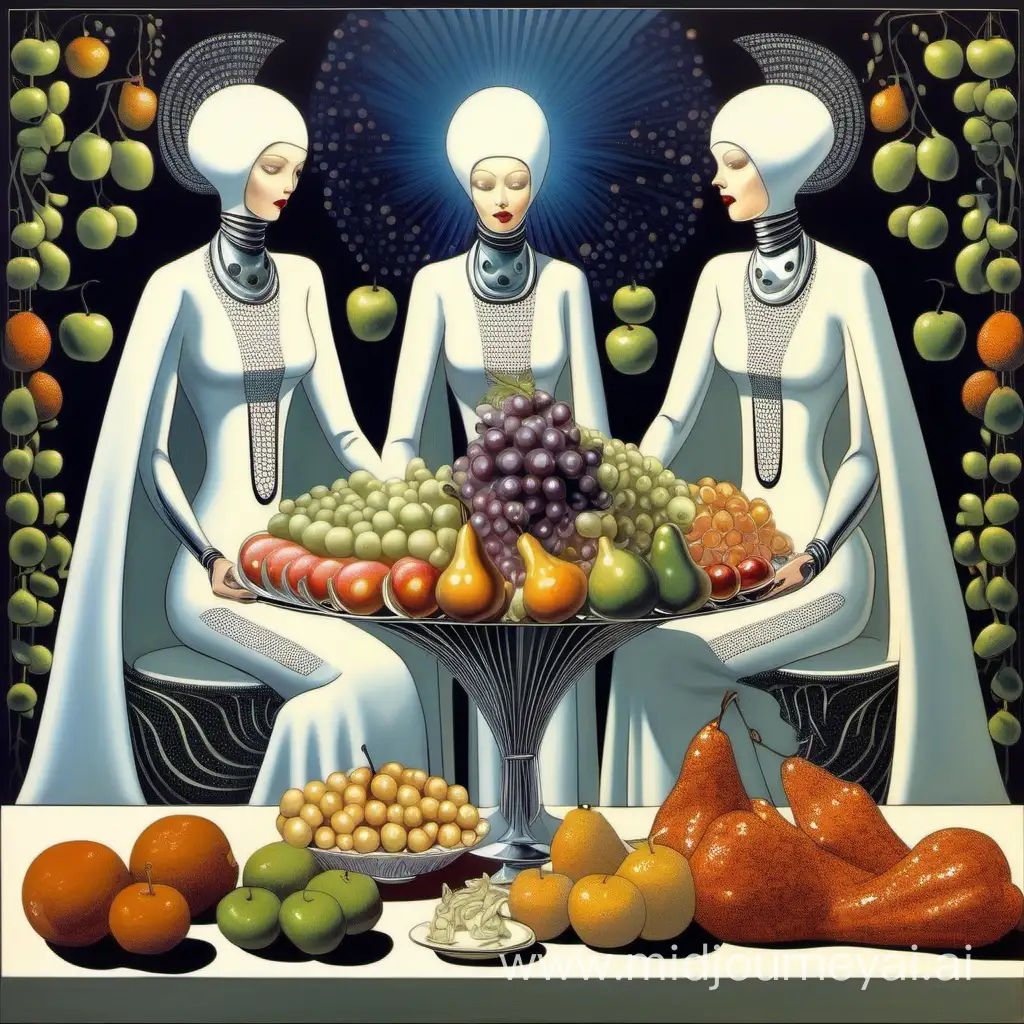 futuristic kay nielson art style painting portraying three women of three generations dining together with abundance of fruit