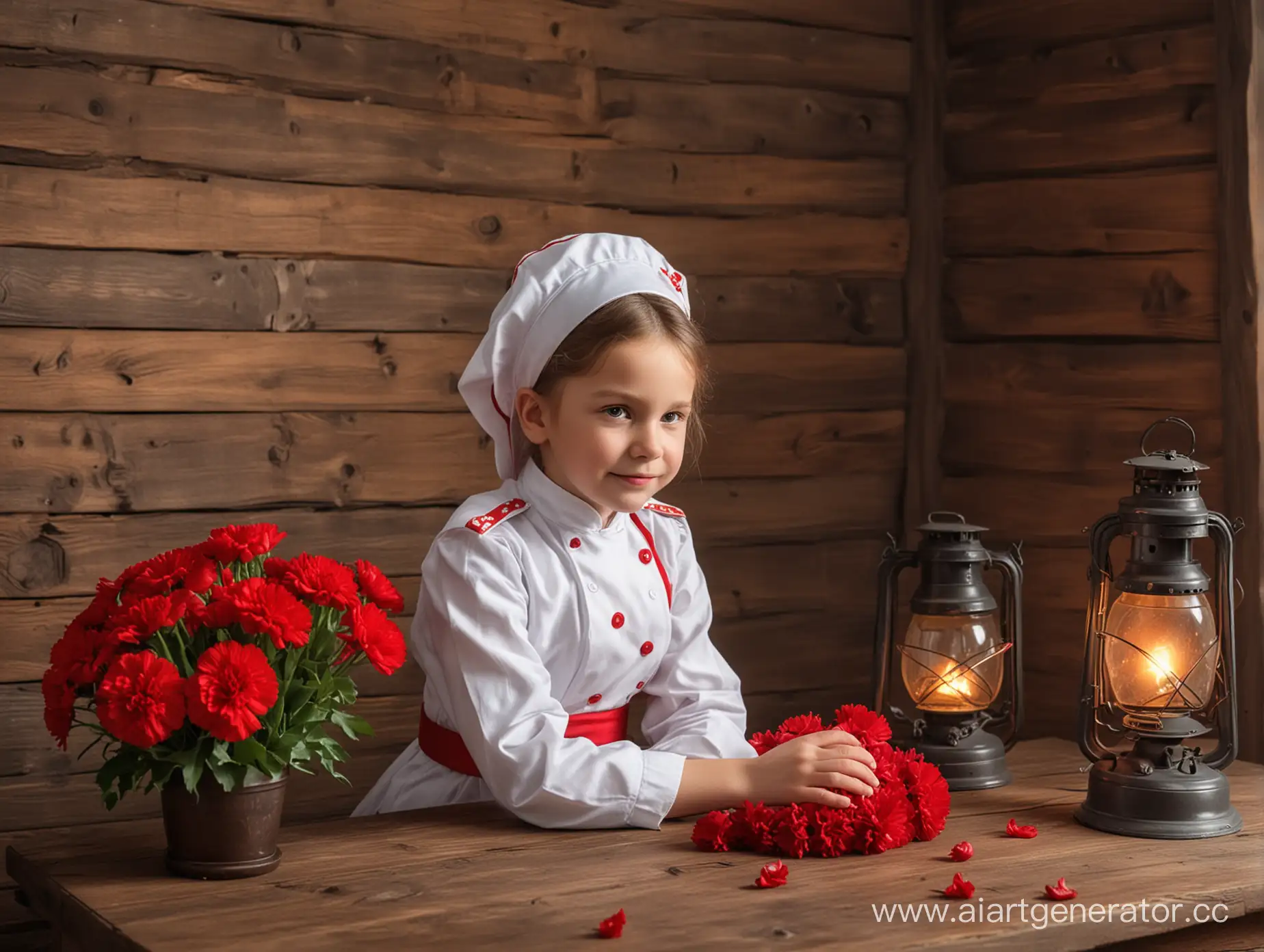 Маленькая девочка в одежде медсестры СССР сидит на столе, на фоне деревянная стена и горит фонарь, на столе в вазе букет красной гвоздики, очень реалистично