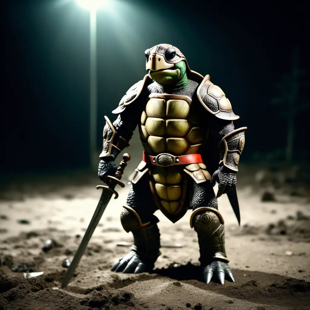 черепаха рыцарь в шлеме , хорошо освещенный, в полный рост, стоит на полу
