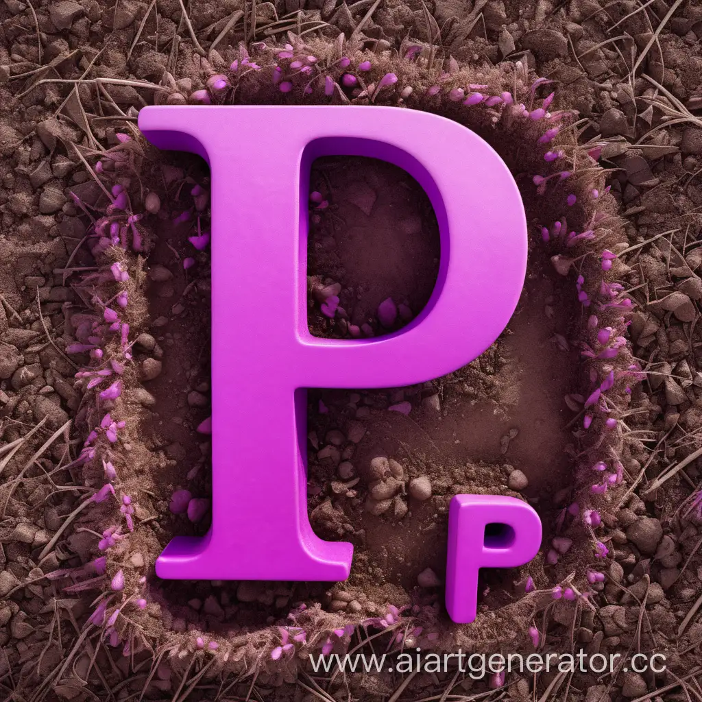 Фиолетово розовая буква P на фоне травы и земли