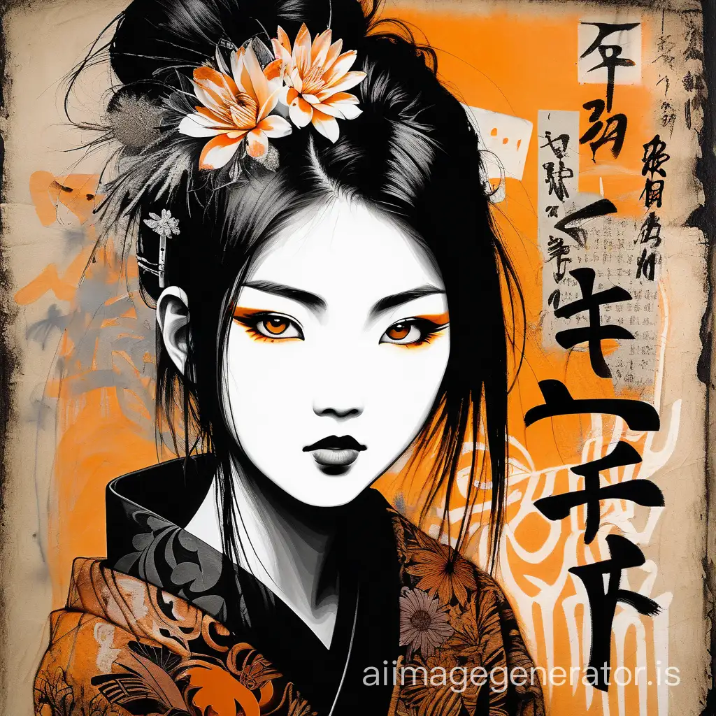 Asian woman, beautiful face, black and orange color tones, wabi-sabi art, abstract , punk collage , urbanpunk, flowerpunk, random textures, random graffiti strokes, kanji characters, surreal artwork, Impermanence