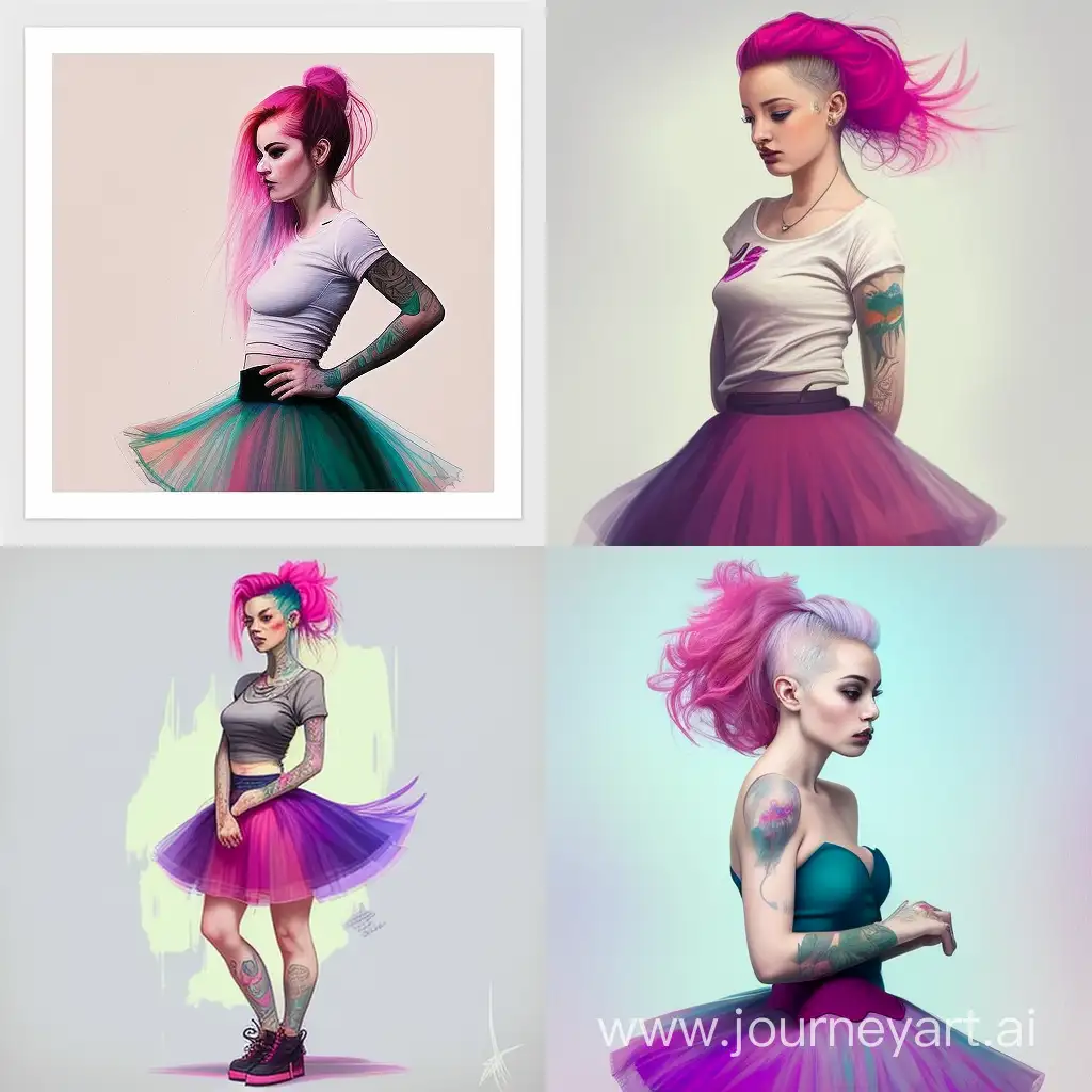 ((Fullbody)) Woman fullbody Pose in profile photo, fucsia hair, ((long straight hair)) , huge pin up eye lines, high quality, photorealistic, tight top with inverted neckline ( inverted neckline) and short tulle ballerina skirt, pink lips, pale skin, colorful tattoo sleeves