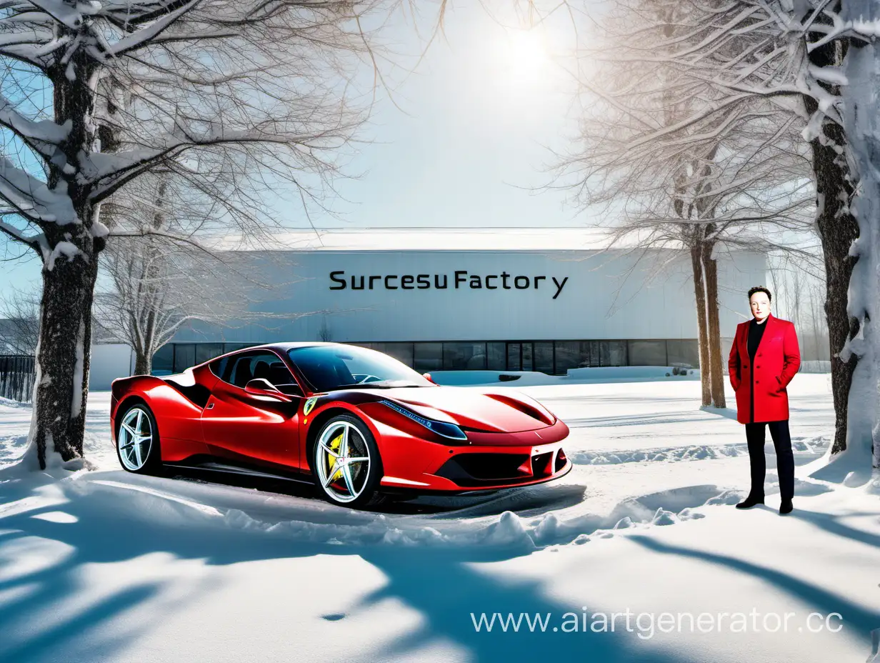 Elon-Musk-Leading-IT-Technology-Factory-on-a-Snowy-Sunny-Day-with-Exclusive-Ferrari