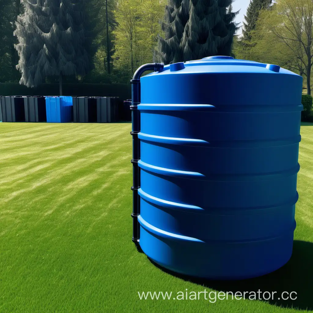 Durable-Blue-Plastic-Water-Container-with-Black-Pipes-in-Tranquil-Outdoor-Setting
