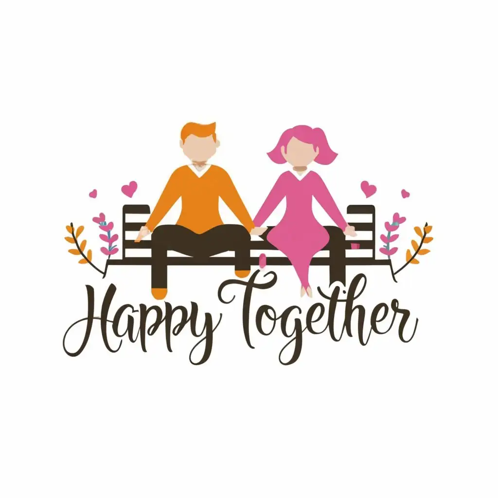 logo, couple holding hands on a bench, with the text "Happy Together", typography, be used in Home Family industry