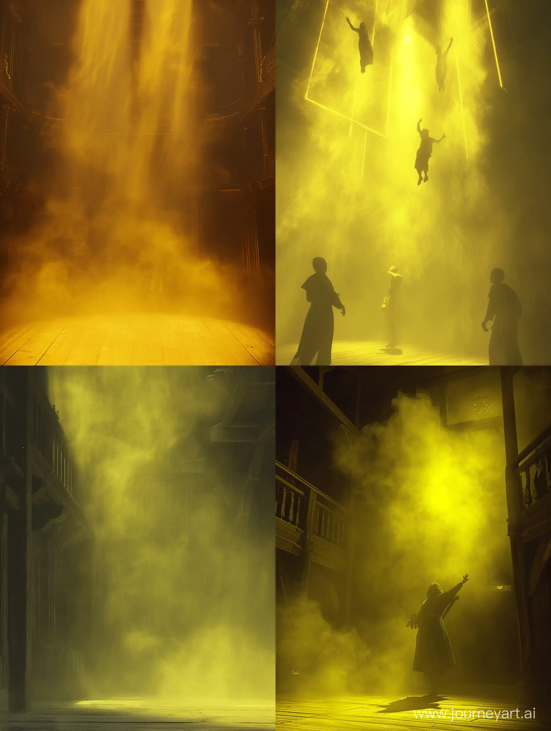 a Shakespeare stage play, yellow mist, atmospheric, set design by Michel Crête, Aerial acrobatics design by André Simard, hyperrealistic, 4K, Octane render, unreal engine, –ar 9:16 –uplight