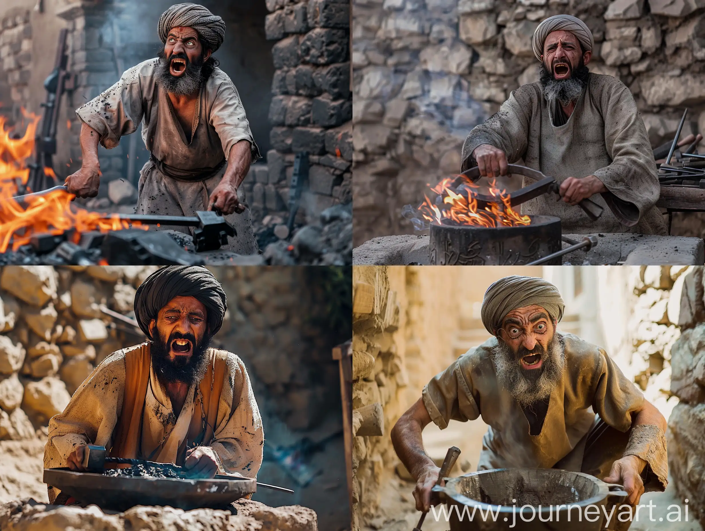 A Persian blacksmith in ancient Iran is scared and is about to fall into blacksmithing. Make a realistic photo