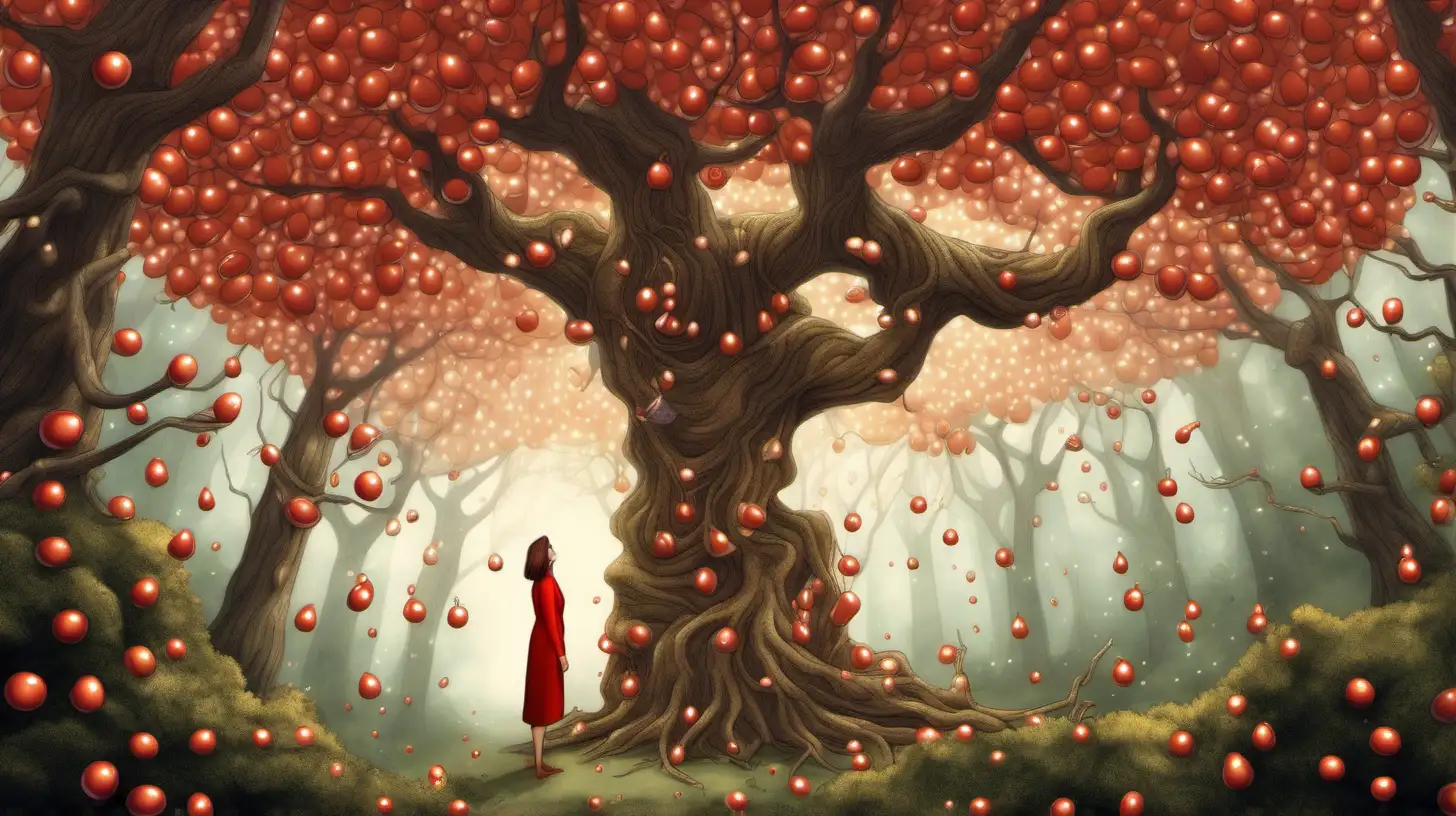 illustrate a tree, whose fruits are little red candys, A 55-year-old brown hair women standing next to this tree, in the magical forest