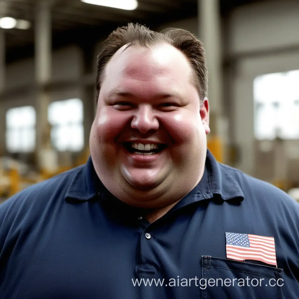Fat Cheerful American Man Who Works in a Factory