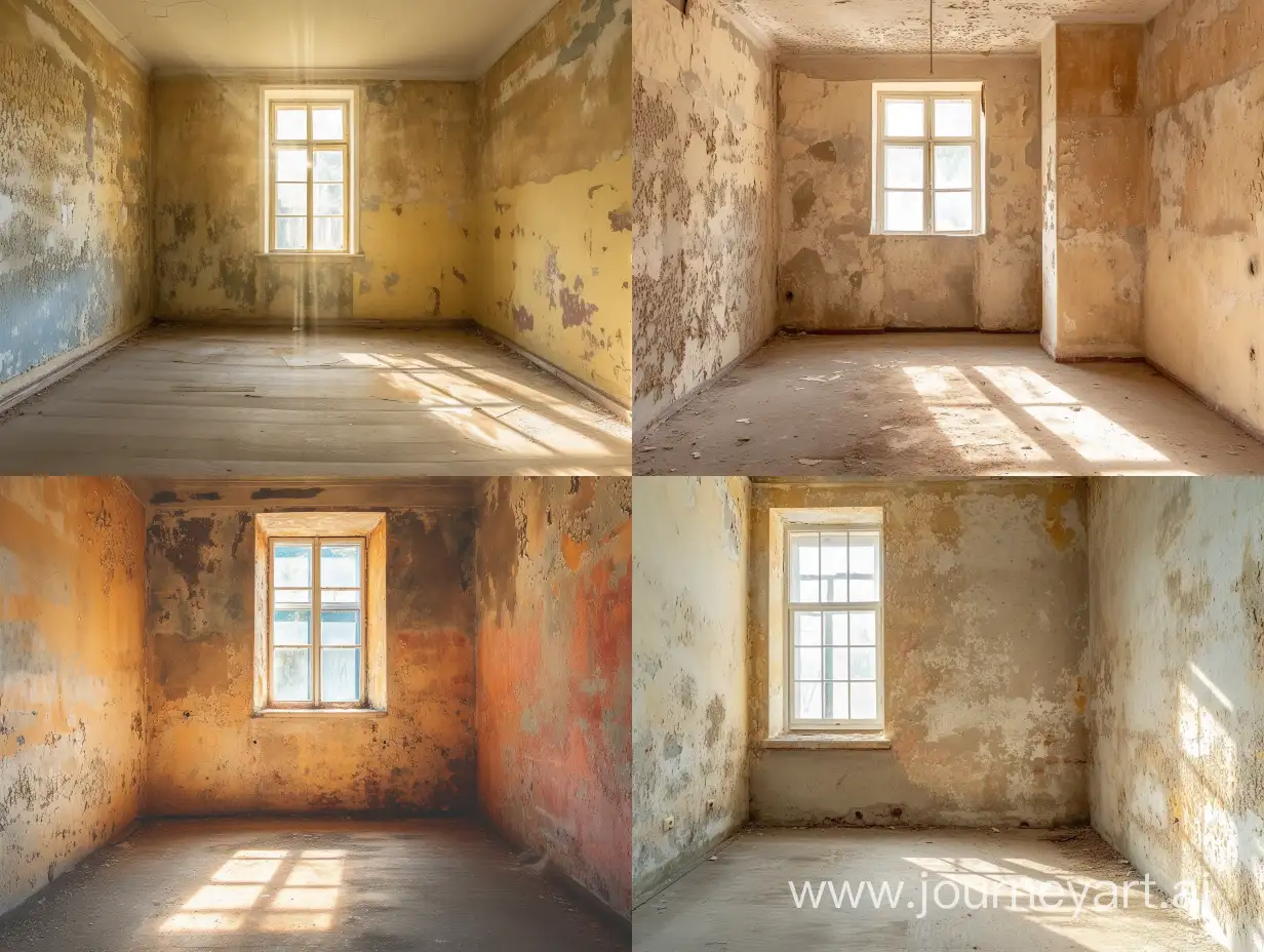 Empty old room in an abandoned building. Window light is shining in. Paint is peeling off the walls before renovation. Construction site of an ancient house can be used as abstract background picture