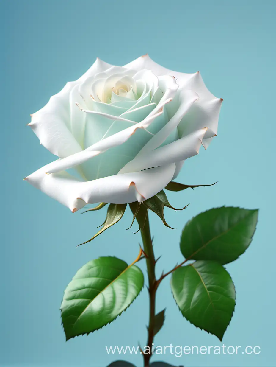 white Rose 4k hd with fresh lush green leaves on pure light blue background