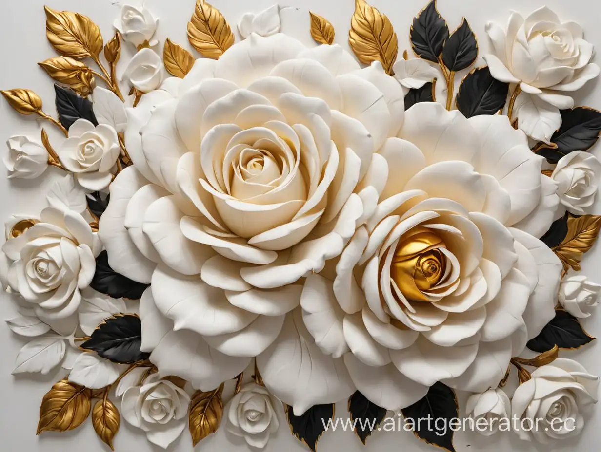 white basrelief sculpture  of huge roses flowers with gold and black elements