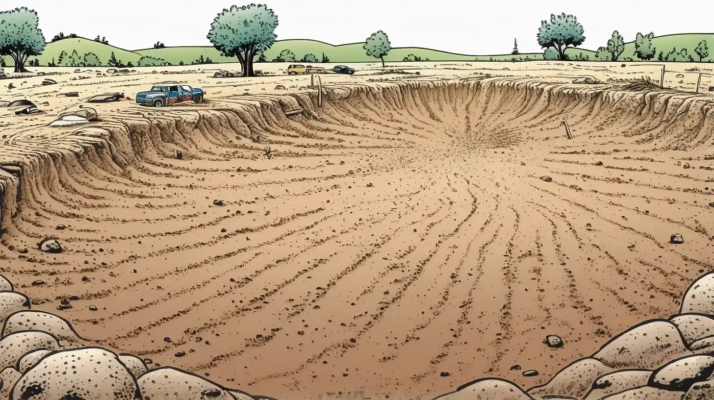 dirt ground, comic book style, in color